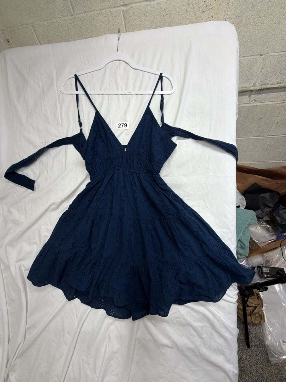 Angie Navy Blue Eyelet Embroidered Open Back Tiered Mini Dress Size L